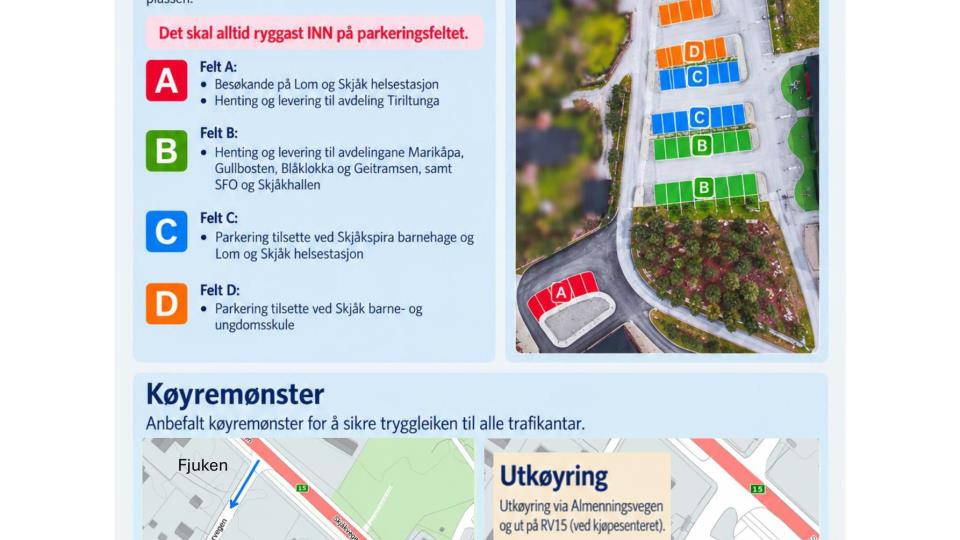 Lenke til artikkel: Viktig informasjon om trafikk- og parkeringsmønster kring Skjåk barne- og ungdomsskule, Skjåkspira barnehage, Lom og Skjåk helsestasjon og Skjåkhallen