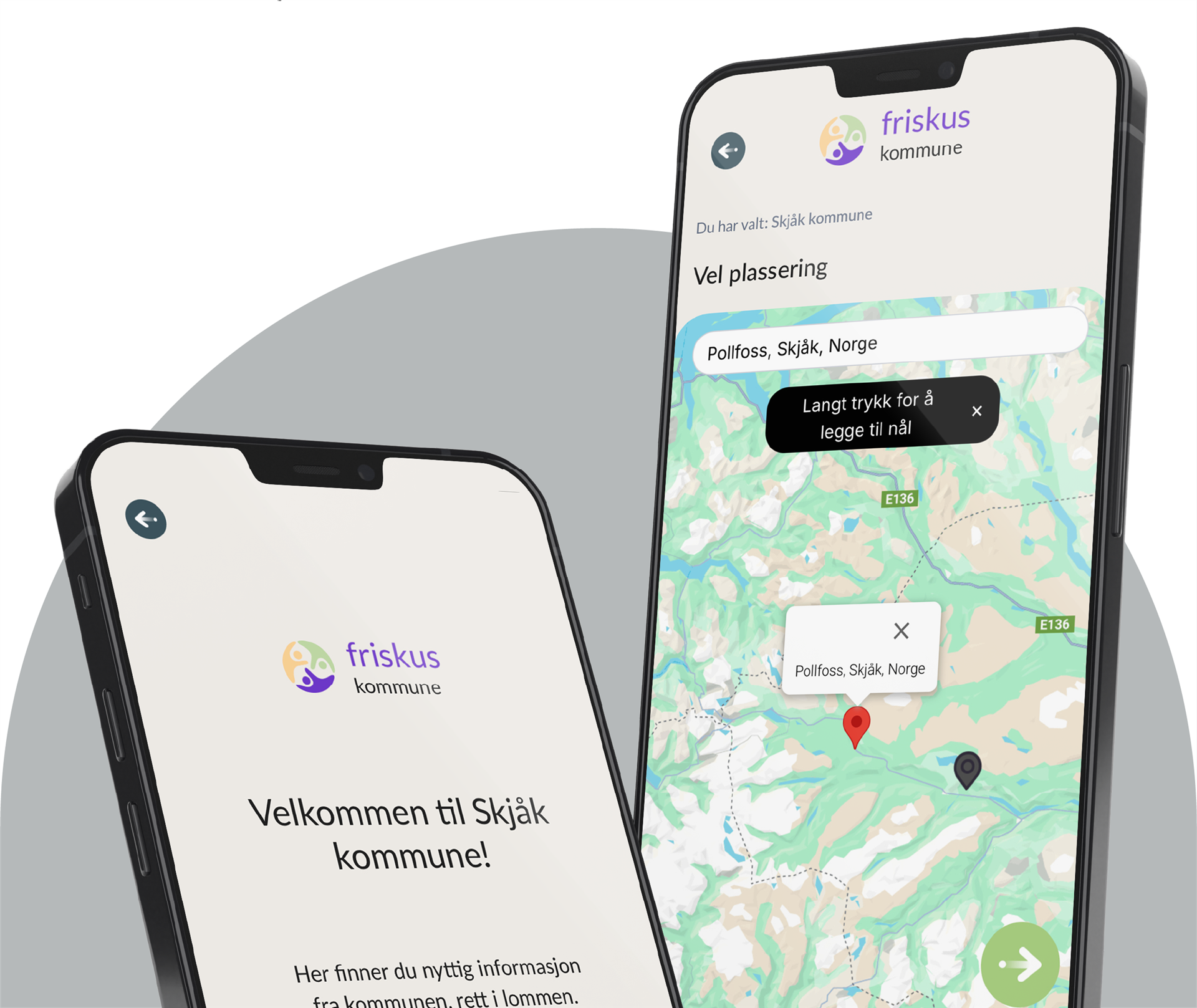 Bilde av telefon og appen Friskus Innbyggermelding