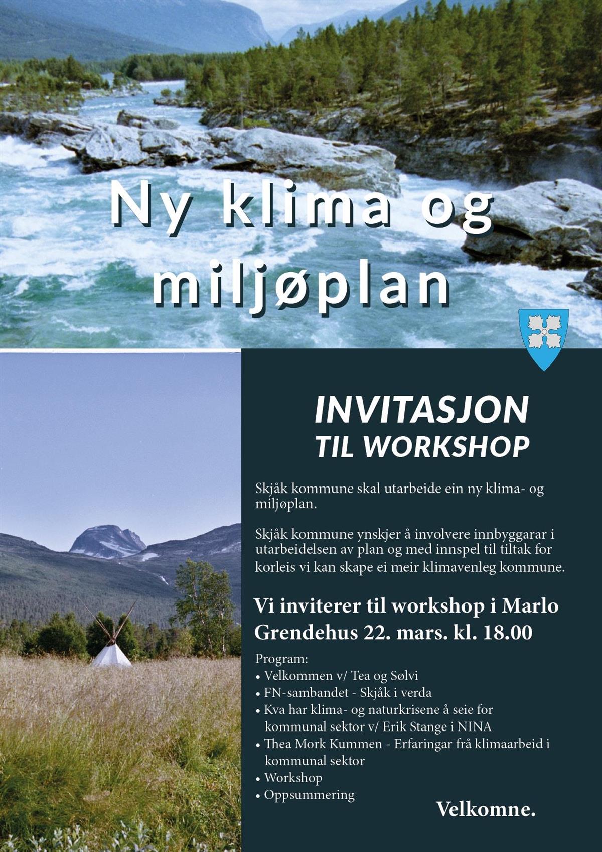 Plakat om invitasjon til workshop om ein ny klima-og miljøplan i Skjåk kommune - Klikk for stort bilde